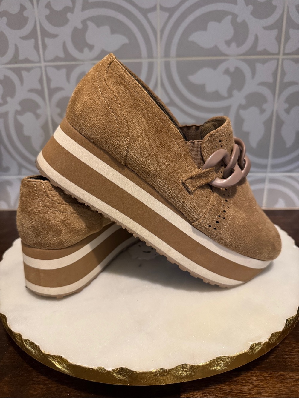 Pierre Dumas Tan Suede Platform Slip-On Loafers with Chain Accent